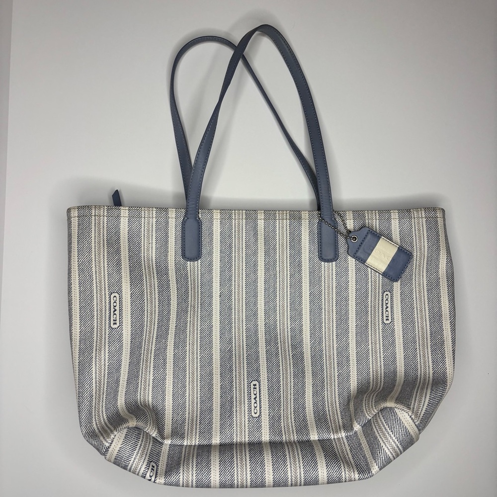 Coach Legacy Striped Weekend Tote Bag Purse Blue White Handbag Graphic Print